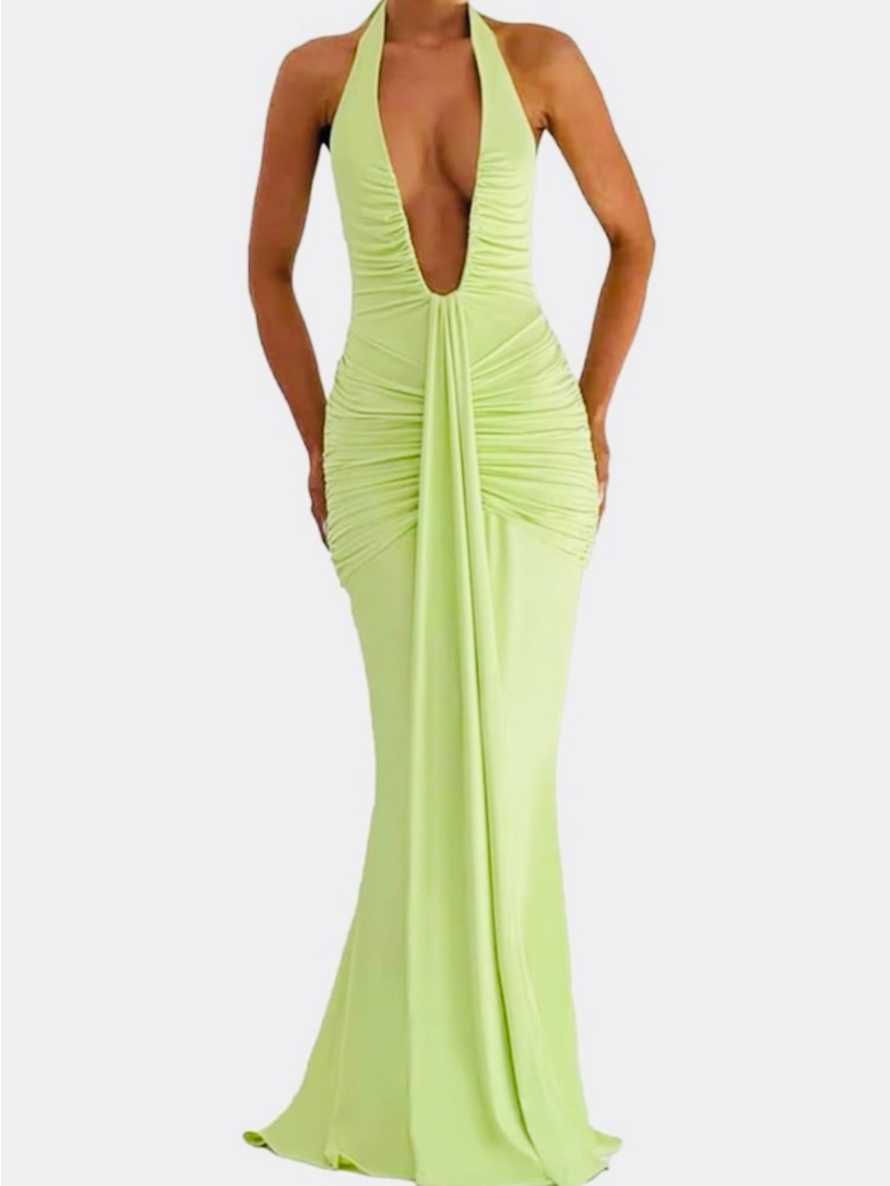 Plunging Halter Lime Green Evening Gown